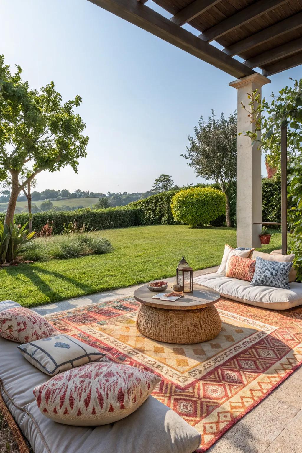 Outdoor rugs help define and anchor spaces.