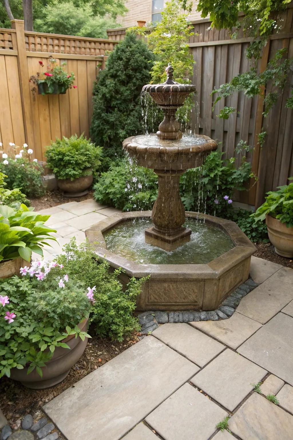 Optimize space with a compact corner fountain.