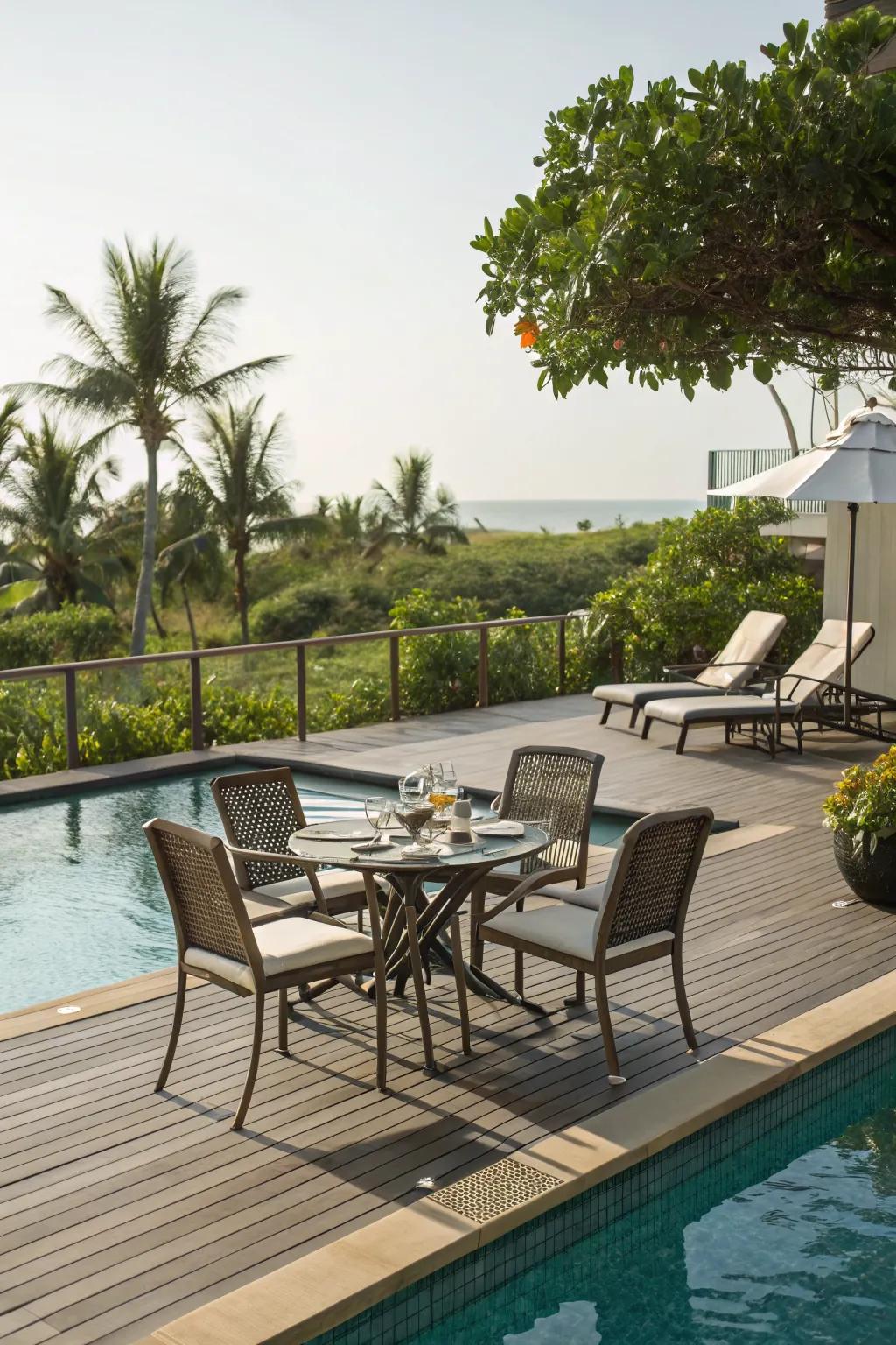 A versatile poolside deck perfect for relaxation and socializing.