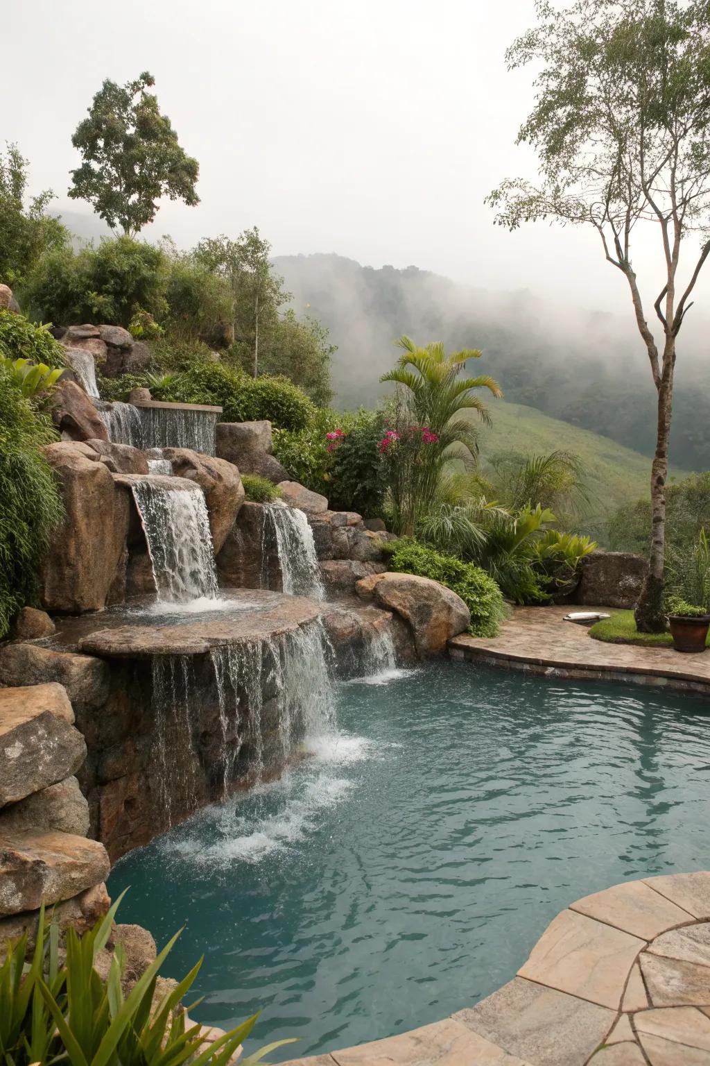 Tiered waterfalls introduce depth and elegance to pool design.