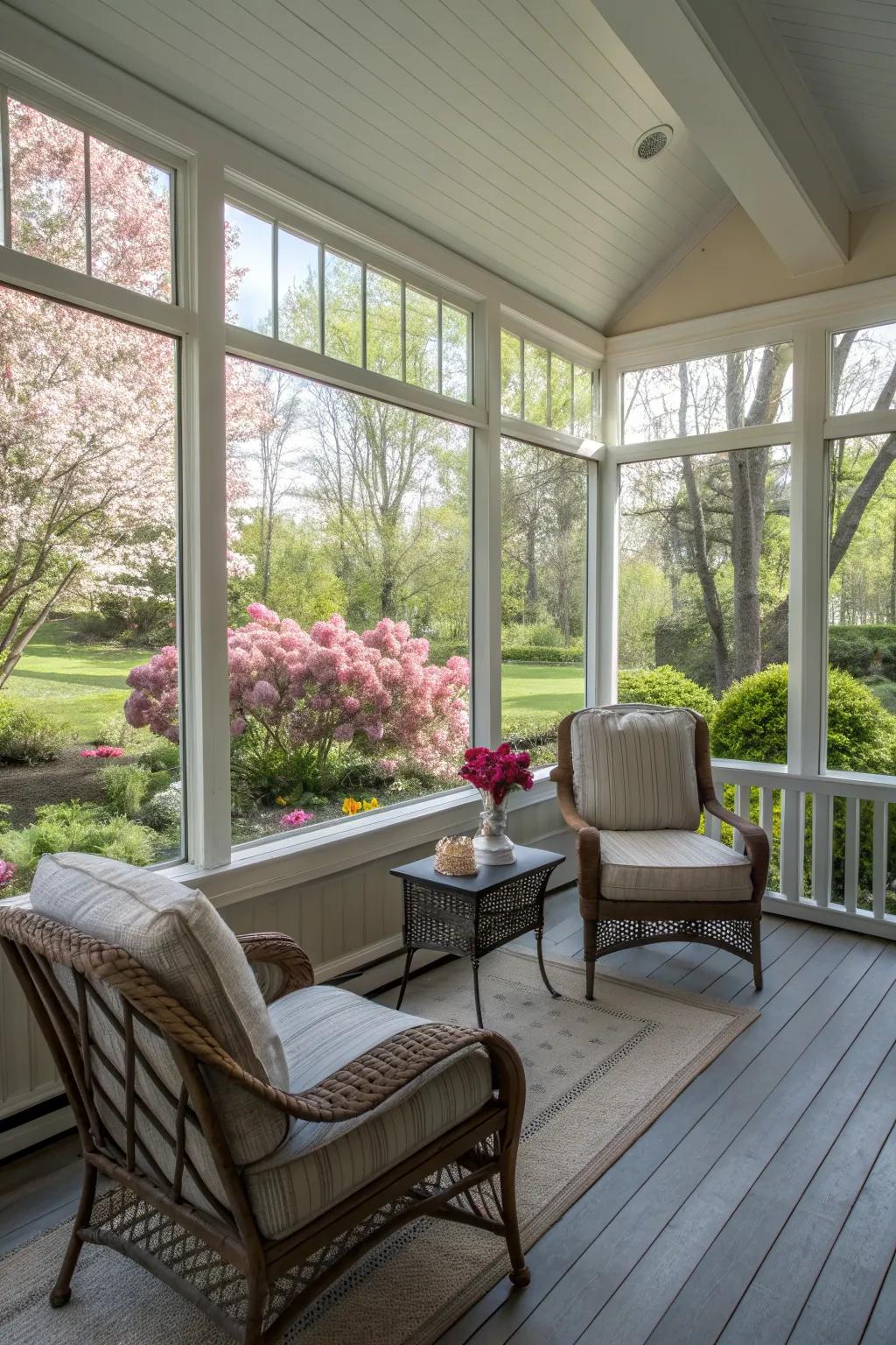 Screened porch with large windows letting in abundant natural light.