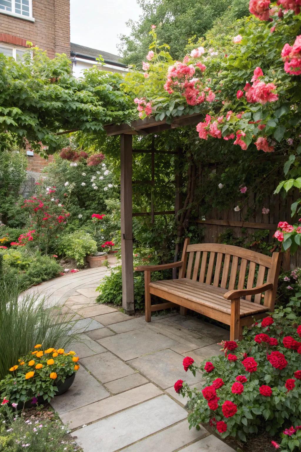 A cozy wooden bench surrounded by vibrant garden blooms.