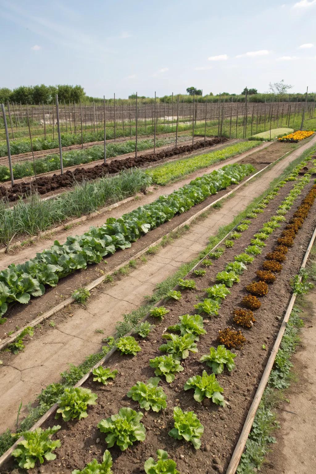A well-organized garden using grid patterns for optimal plant management.
