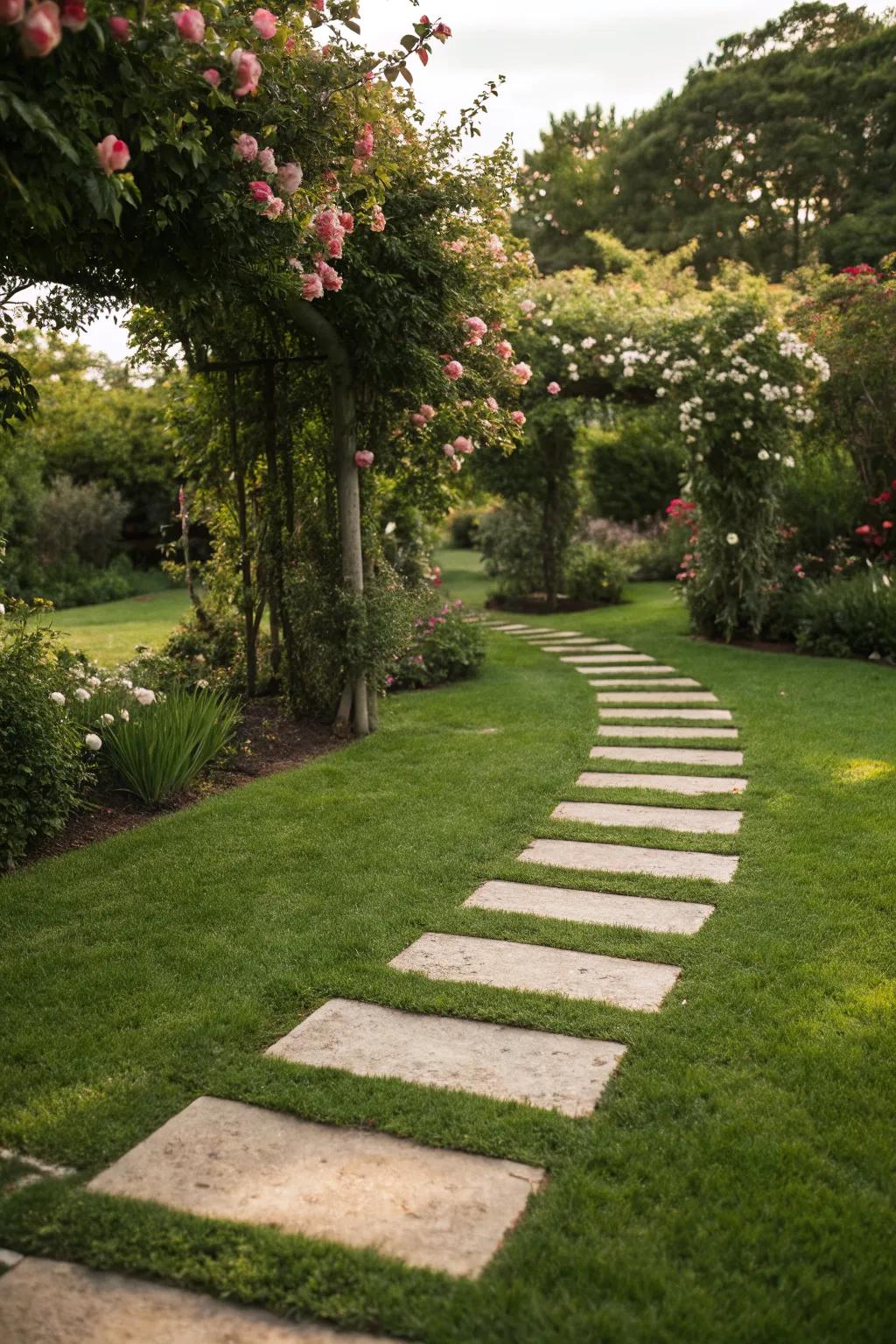 Playful stepping stones lead visitors through this lush garden.