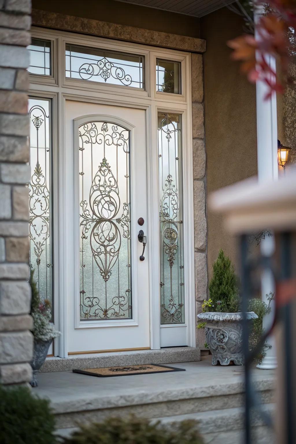 A front door featuring decorative glass panels for a touch of elegance.
