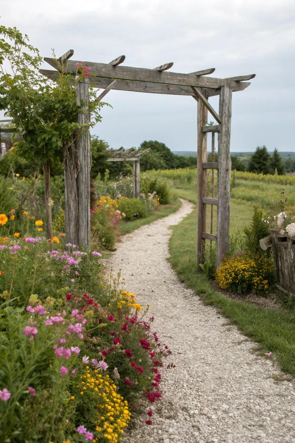 A rustic arbor made of reclaimed wood adds character and sustainability to the garden.