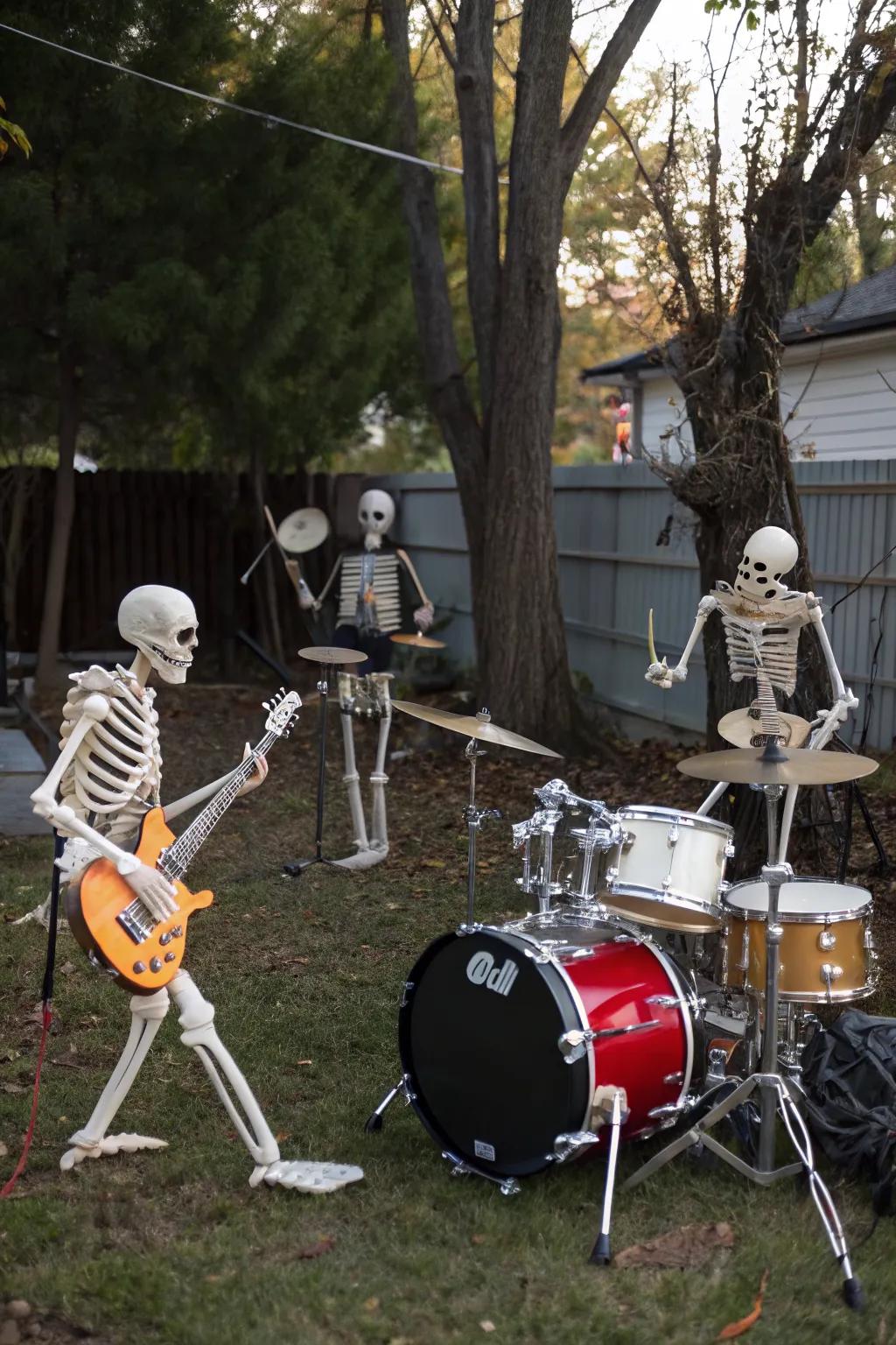 Skeleton band performing an eerie concert under the moonlight.