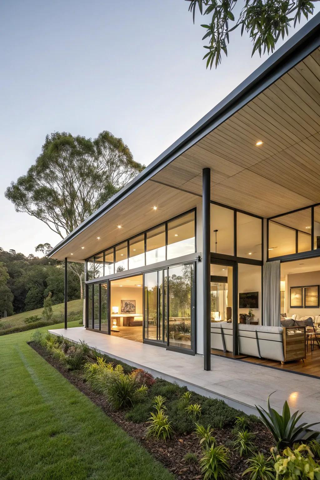 A skillion-roofed home with expansive windows, perfect for natural light lovers.