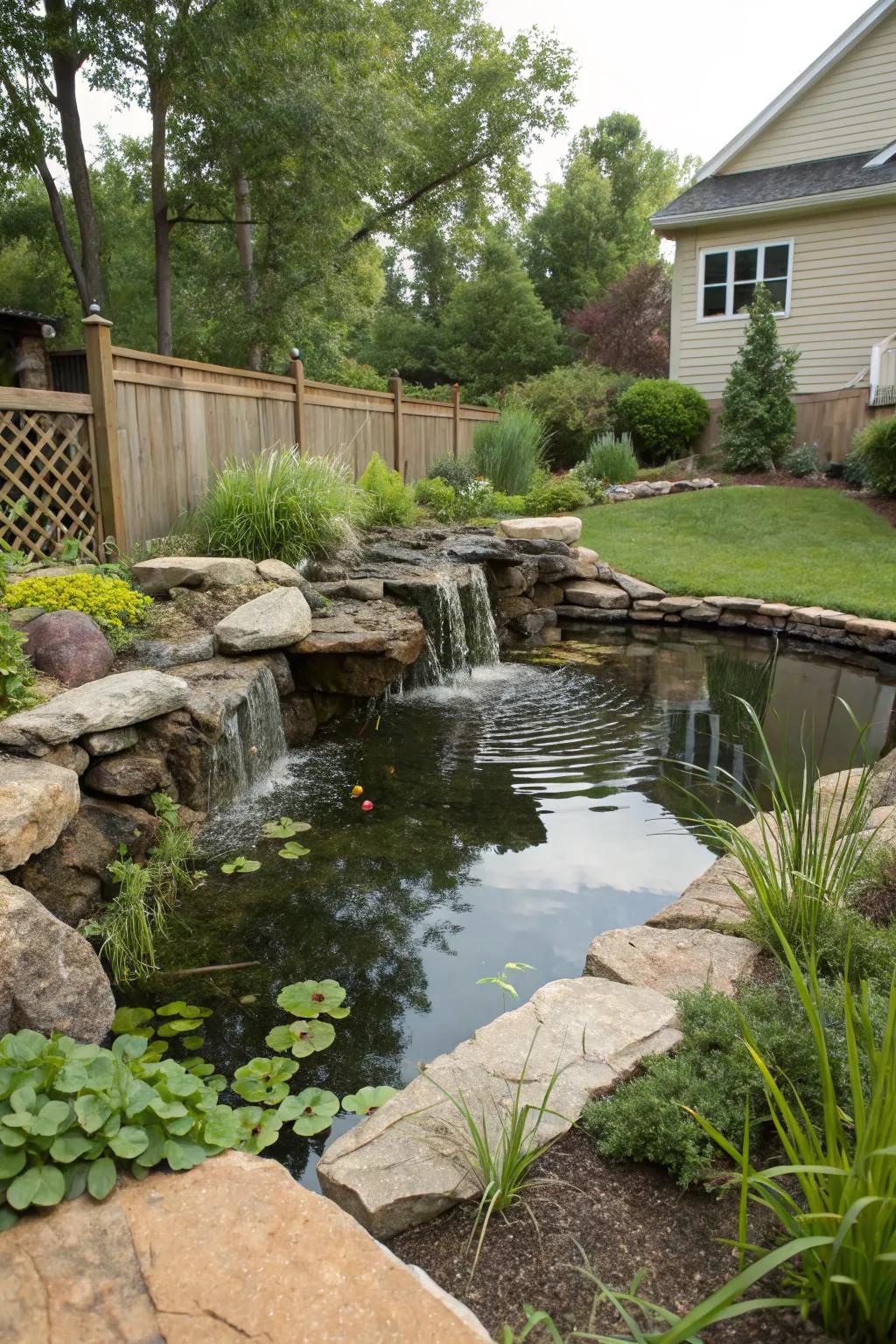 Water features add tranquility to sloped backyards.