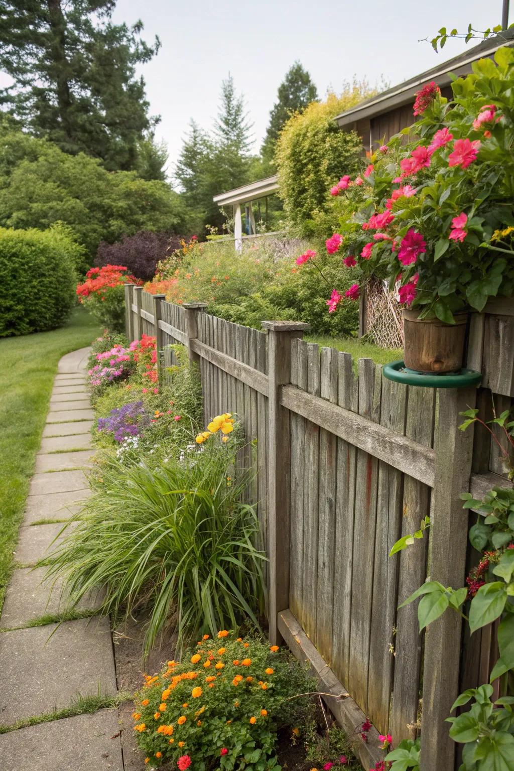 A backyard with a richly stained wooden slat fence and vibrant plants.