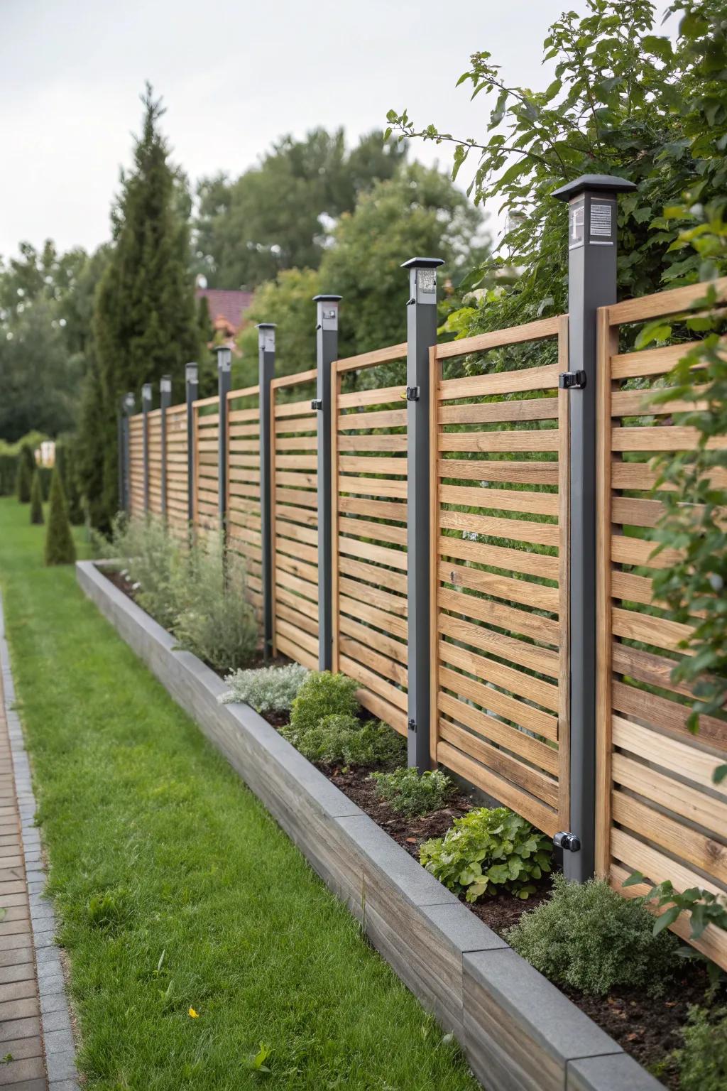 A stylish fence combining wood slats with metal accents.