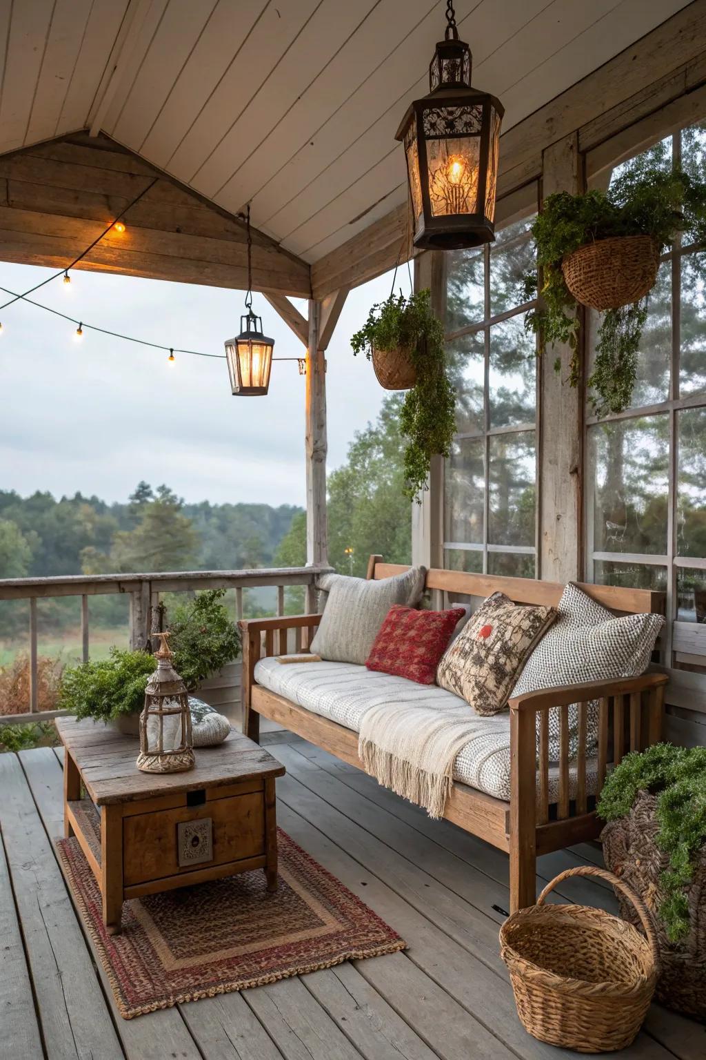 Rustic charm enhances the cozy feel of your sleeping porch.