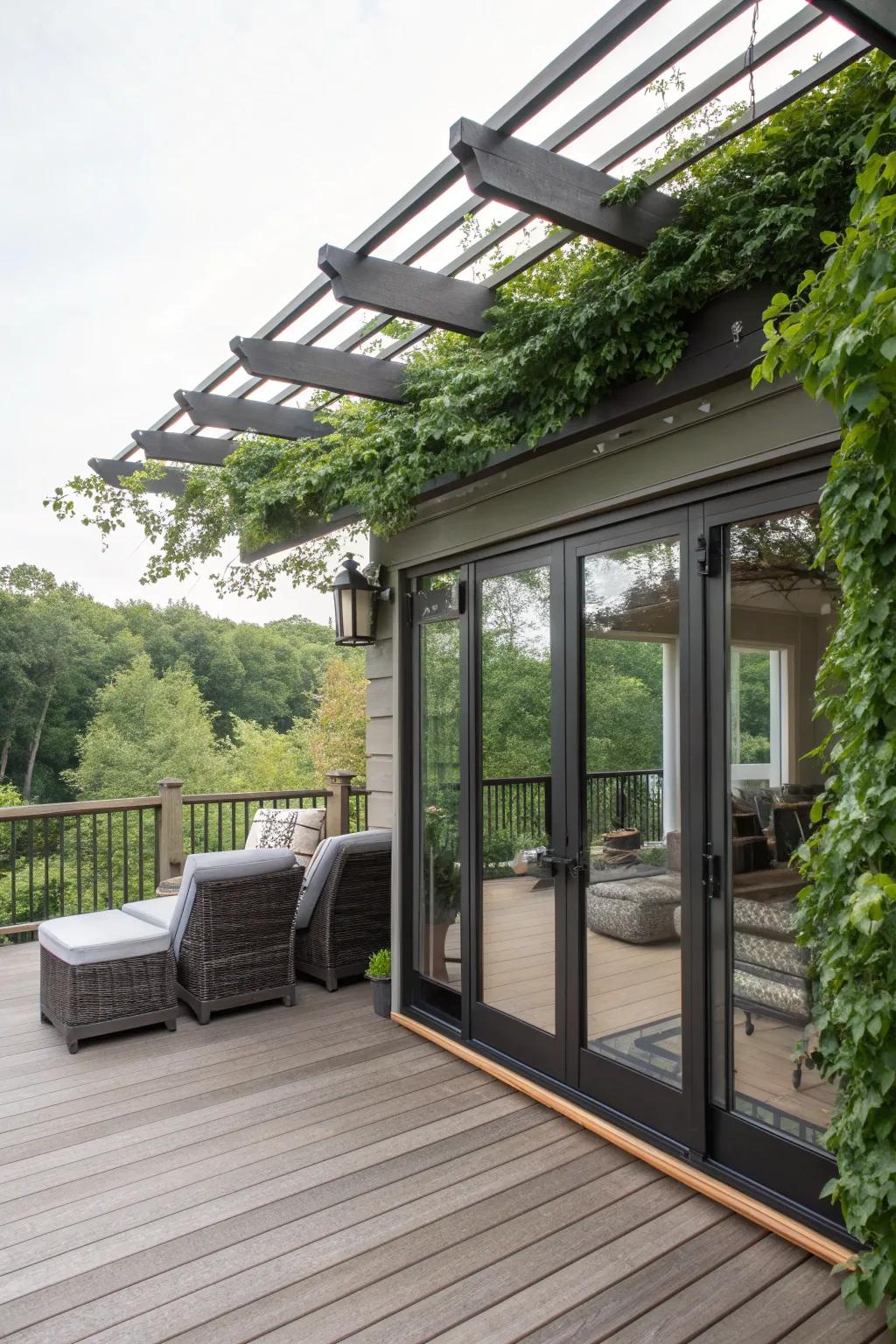 A stylish pergola adds elegance and shade to a deck with sliding doors.