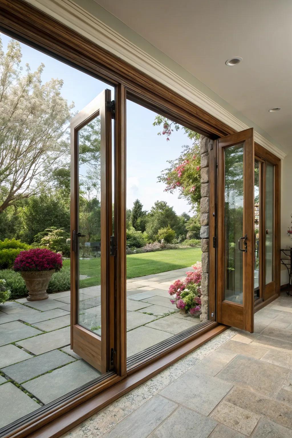 Wood-framed sliding doors add warmth and elegance.