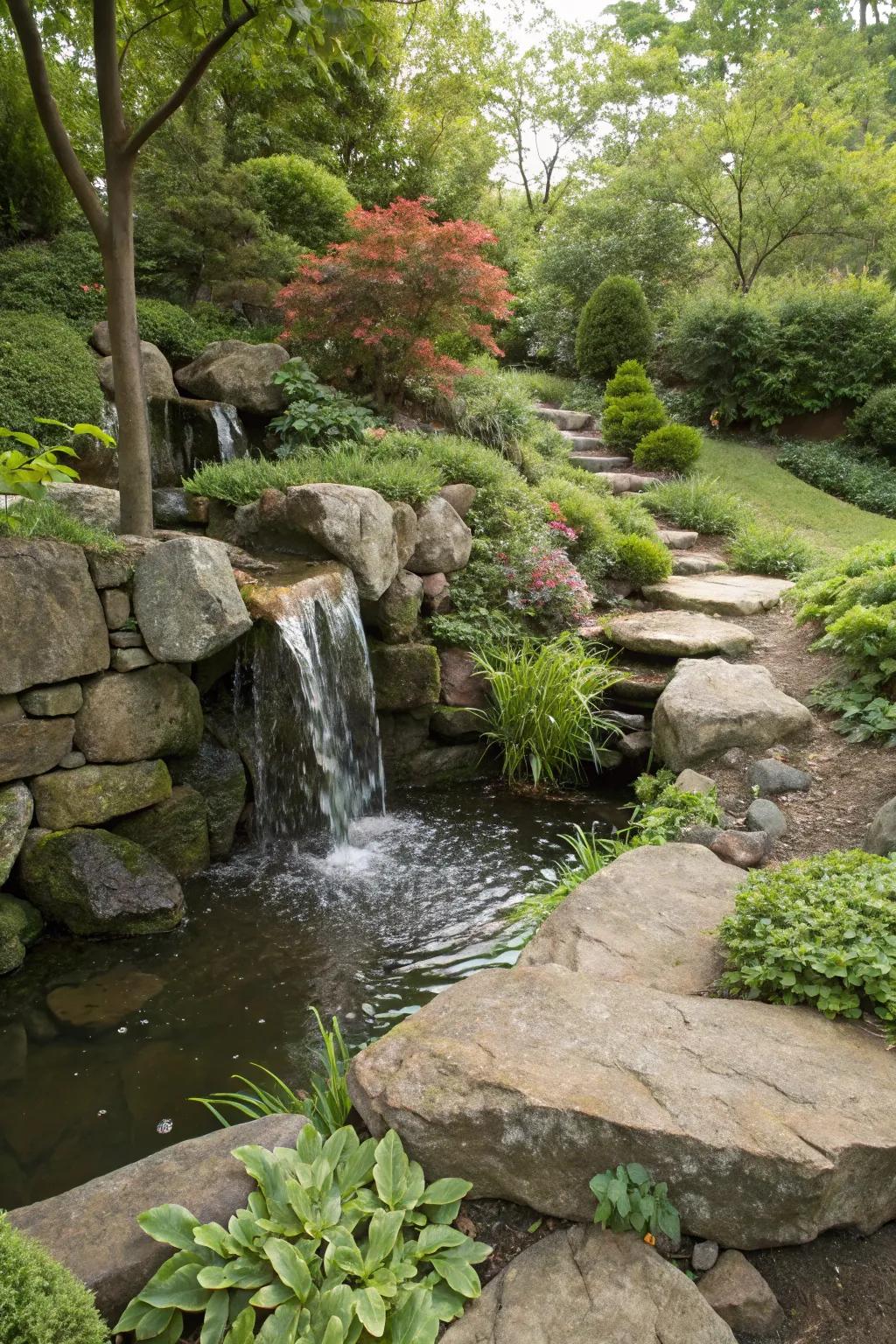 A waterfall transforms a slope into a tranquil oasis.