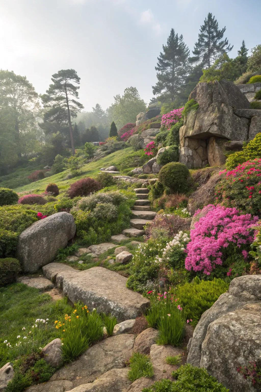 Natural elements like rocks add stability and beauty to your slope.