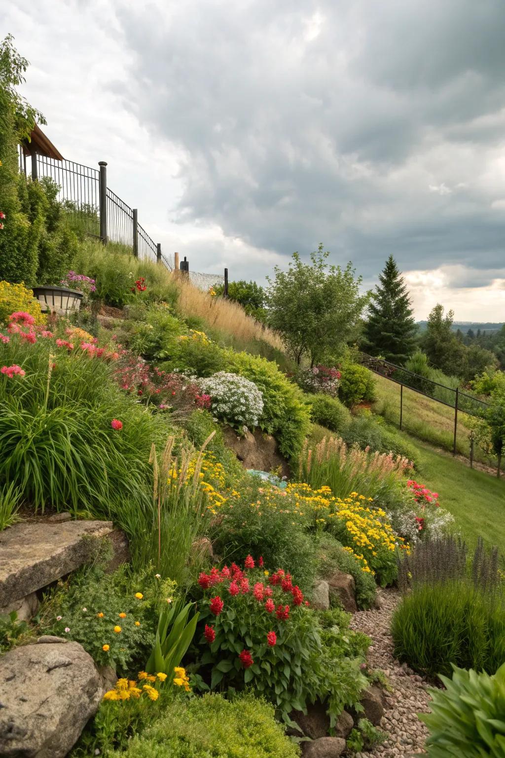 Lush landscaping breathes life into a sloped backyard.