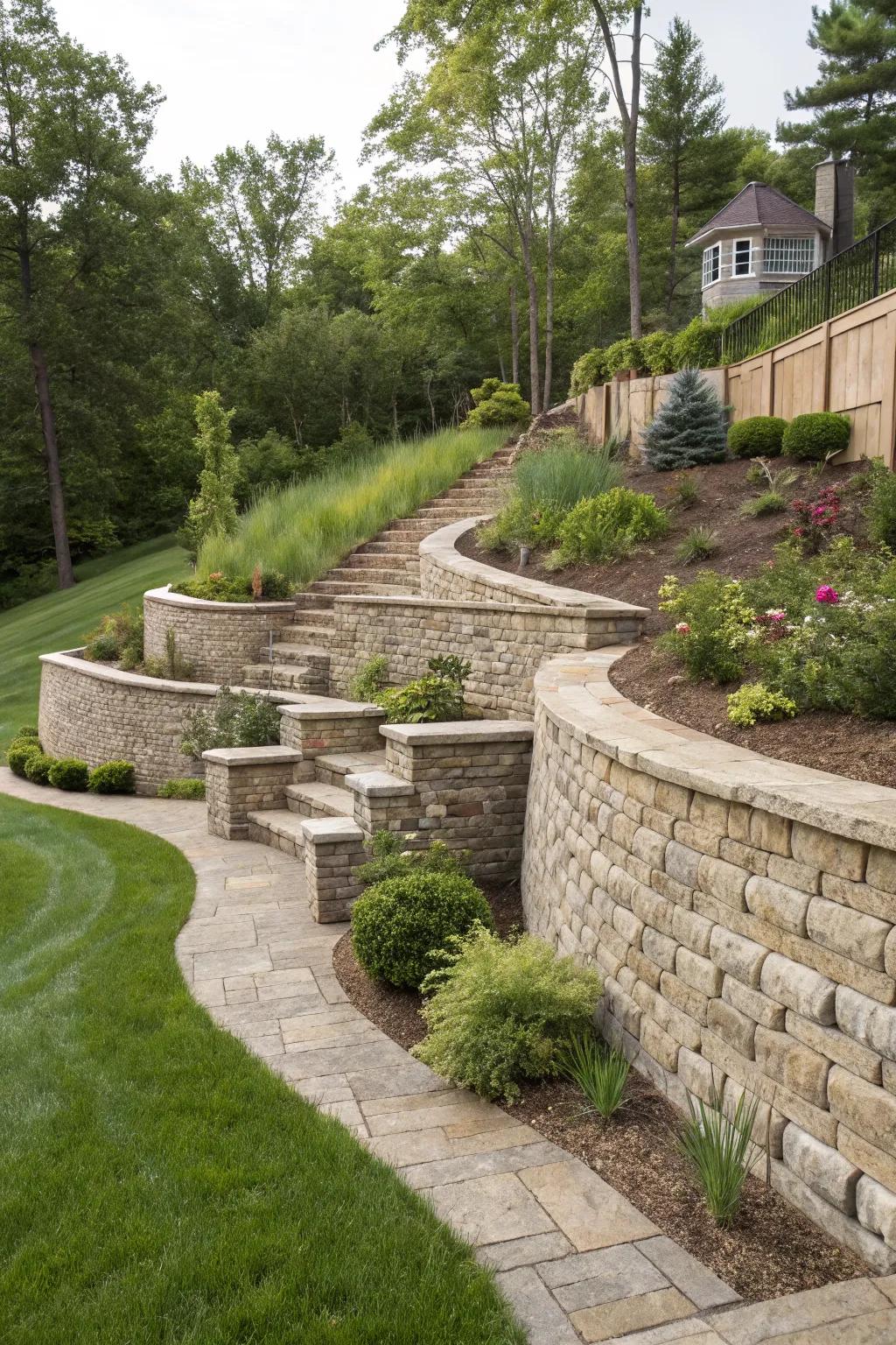Retaining walls that add both function and style to a sloped garden.