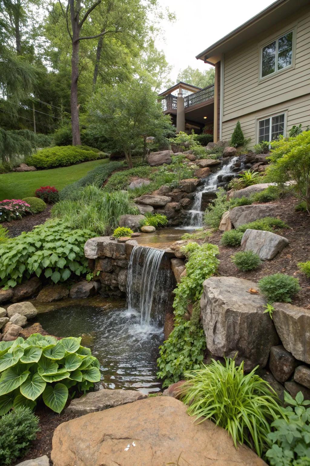 Waterfalls enhance the tranquility of a sloped yard.