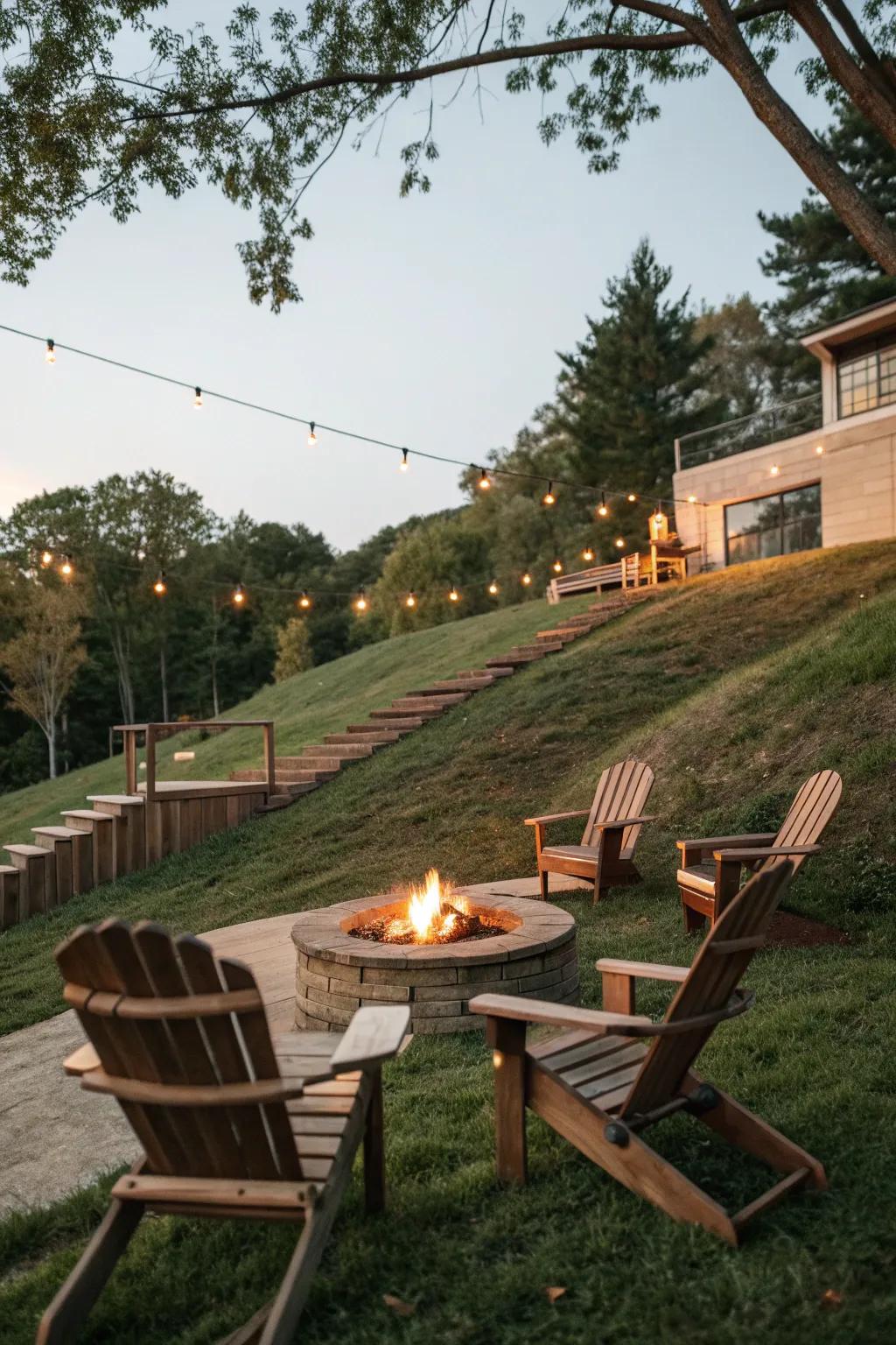Seating areas on slopes offer a serene spot to relax and enjoy the view.