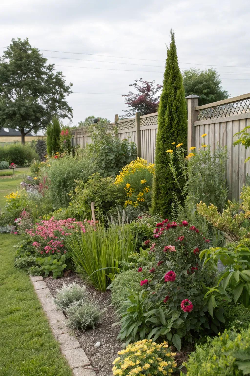 Layered planting adds depth and interest in a small garden.