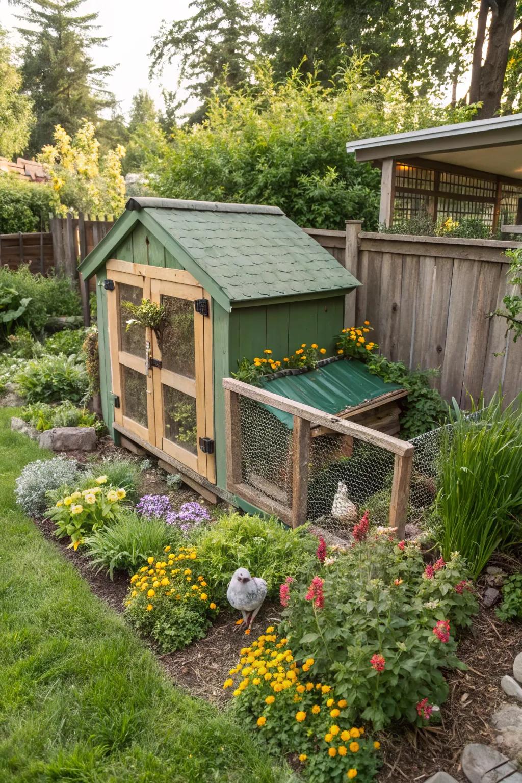 A mini garden coop with a lush, green roof that adds beauty and function.