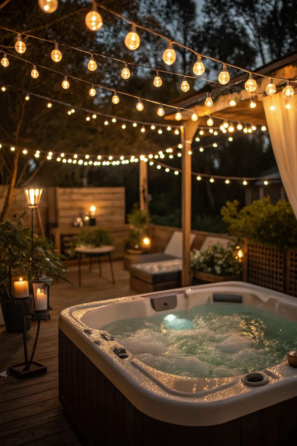 Ambient lighting transforms your jacuzzi area into a nighttime haven.