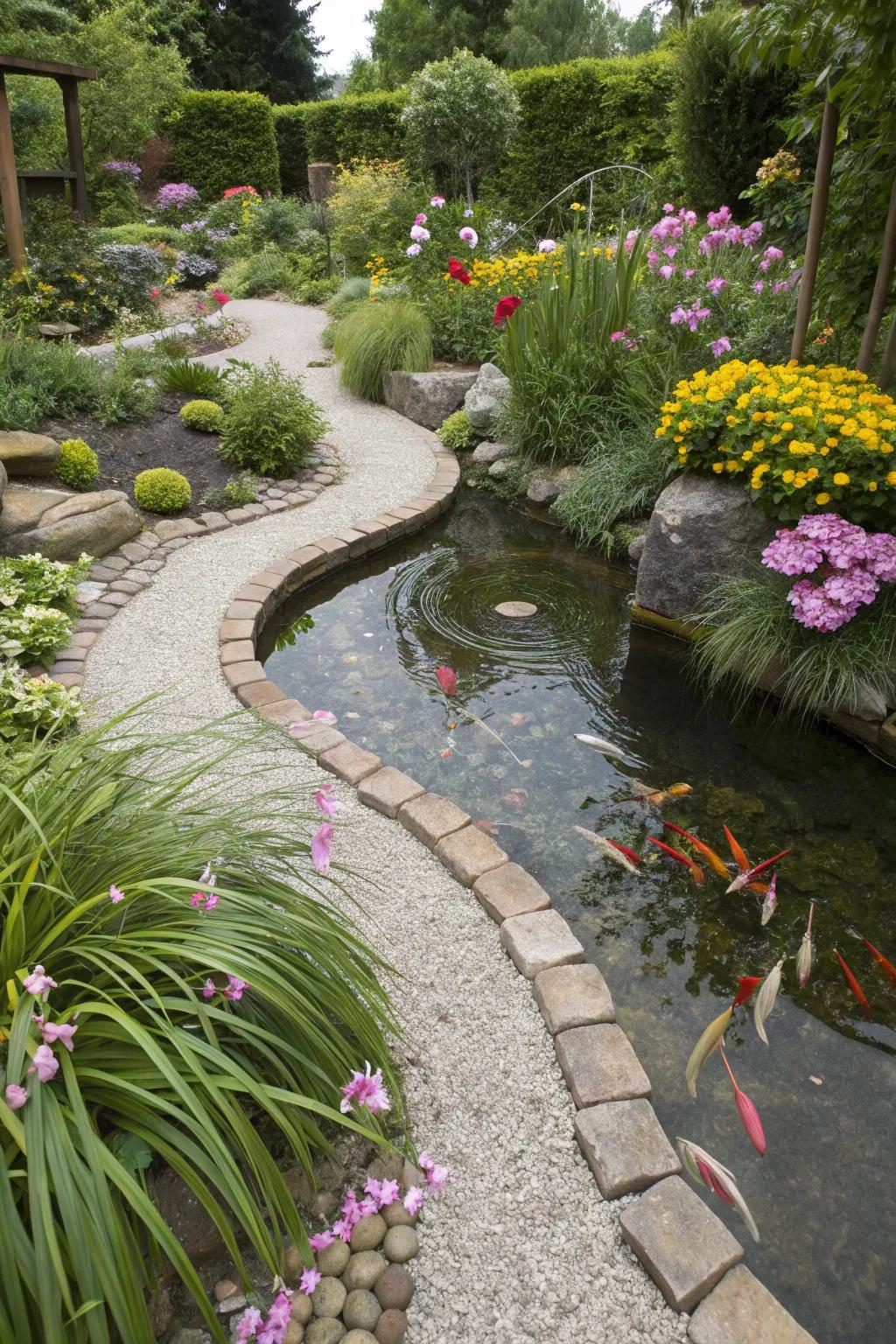 A koi pond that beautifully integrates with its surroundings.
