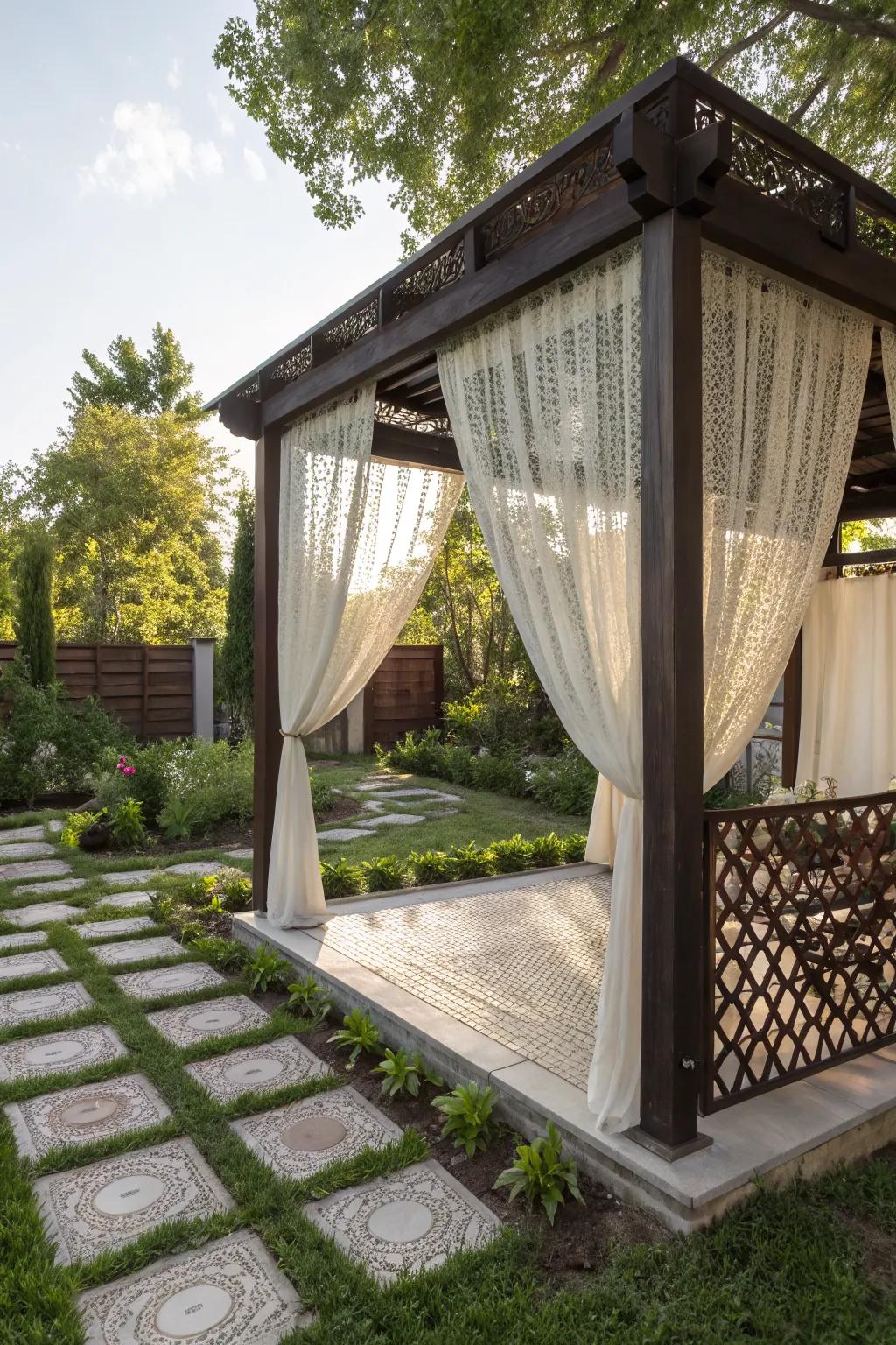 An open-air pavilion with sheer curtains for a breezy, elegant feel.