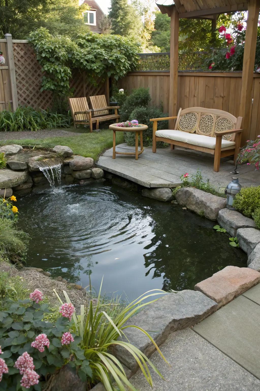 A peaceful seating area by a quaint backyard pond.