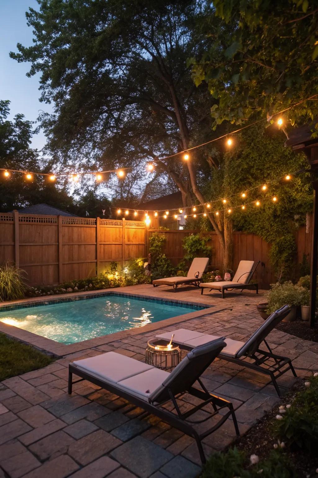 LED lighting creates a warm, inviting ambiance around the pool for evening relaxation.