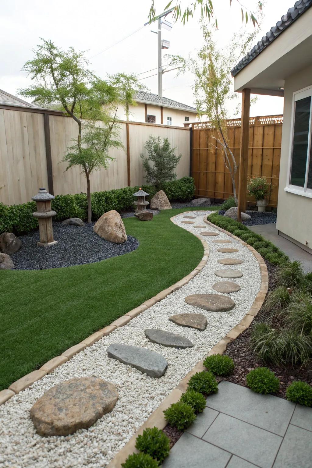A Zen garden with turf offers a peaceful retreat.