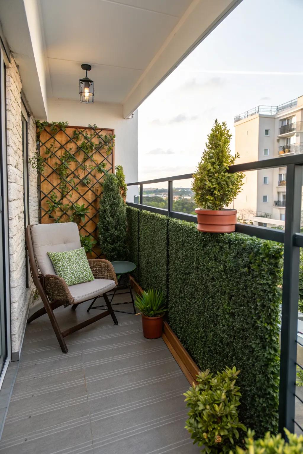 Faux foliage panels offer a maintenance-free green touch and privacy.