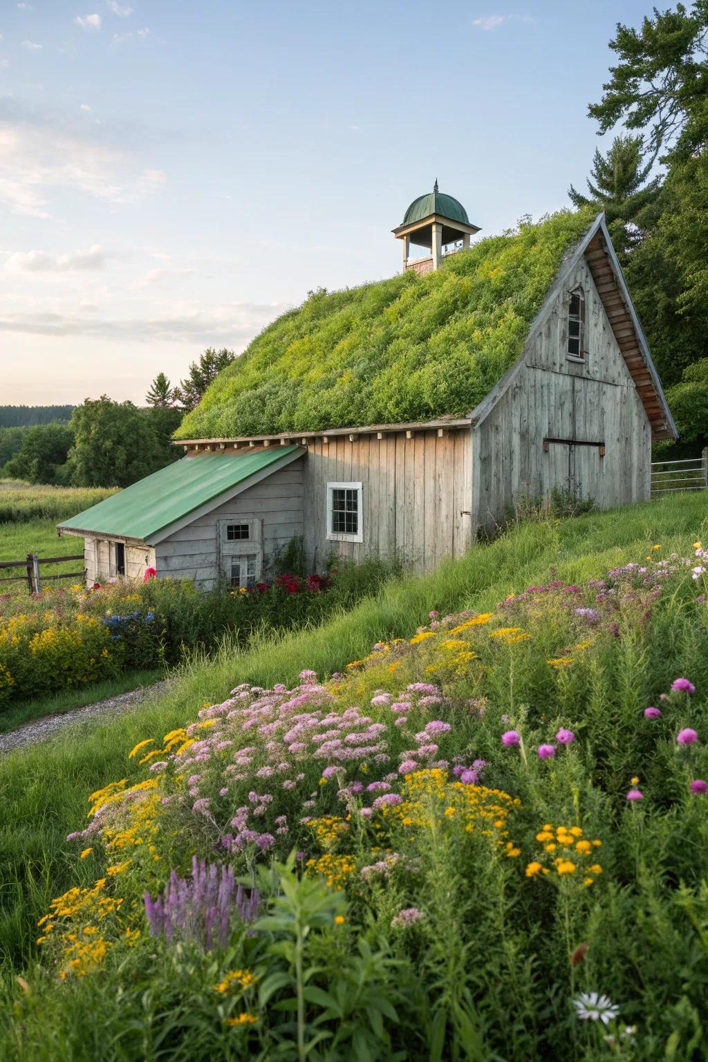 A barn with a lush green roof, merging with the natural environment.