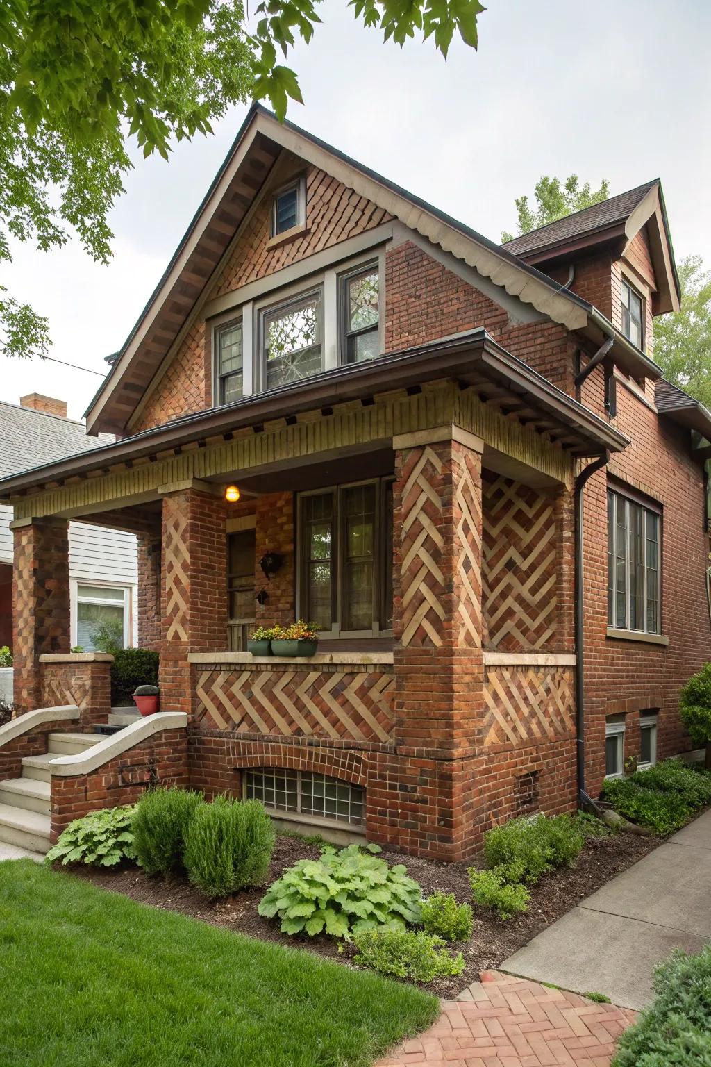 A small brick house featuring an eye-catching herringbone brick pattern.