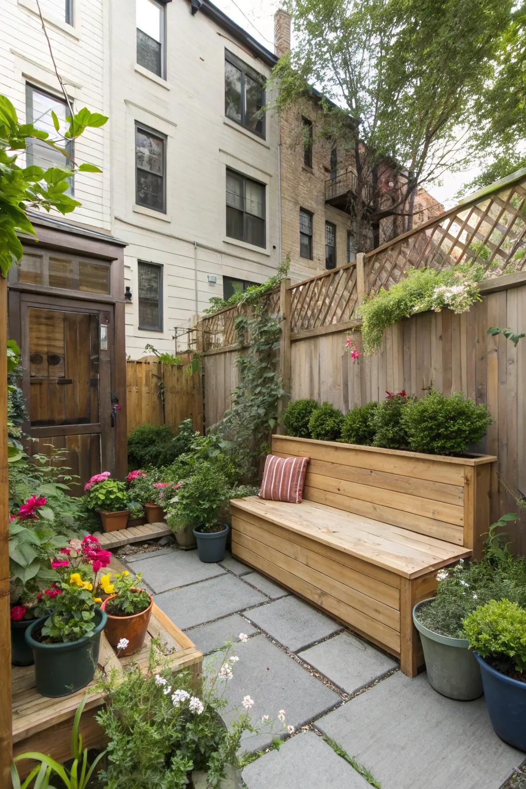 Multifunctional furniture optimizes space and utility in small yards.