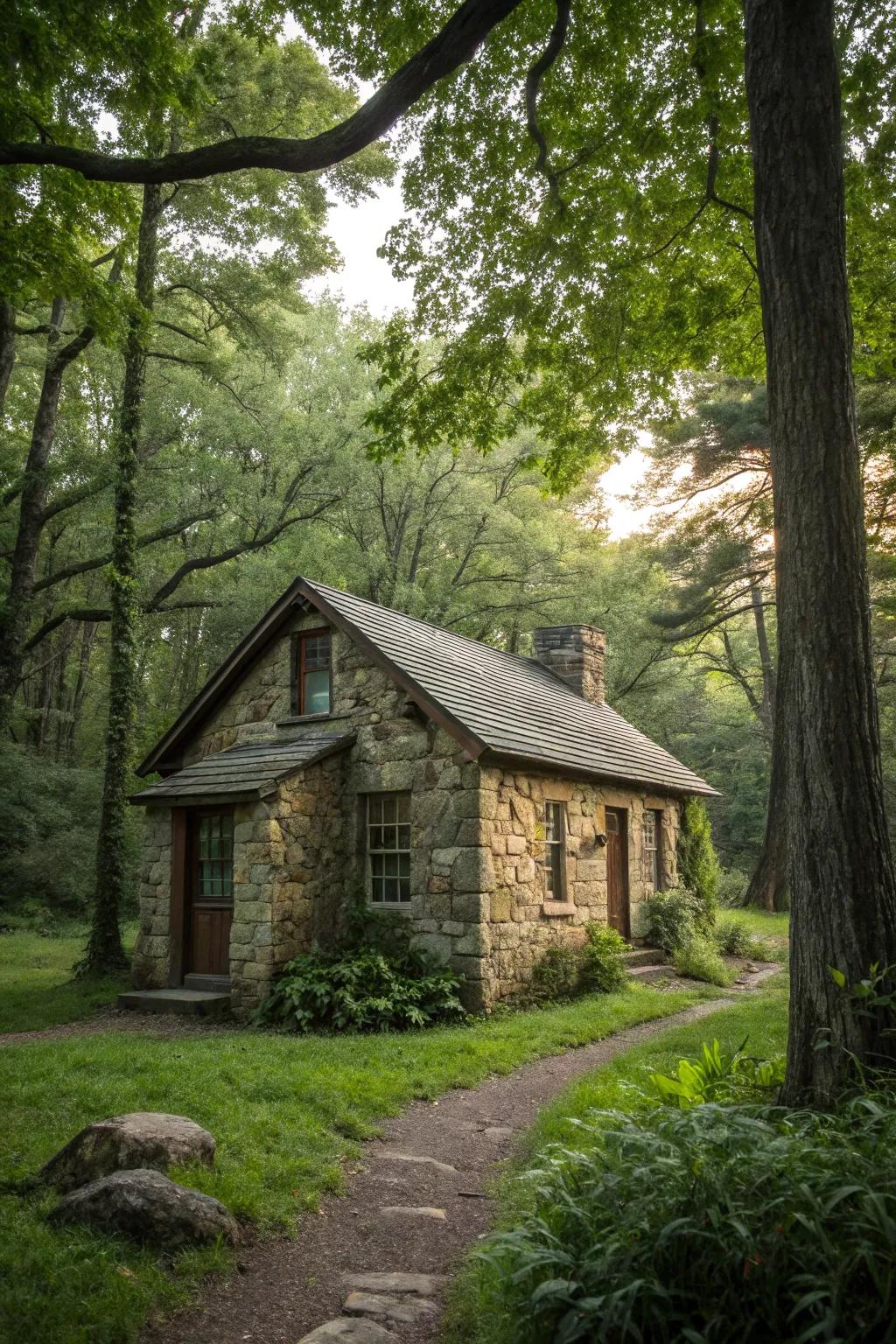 A rustic cabin with a sturdy and elegant stone exterior.