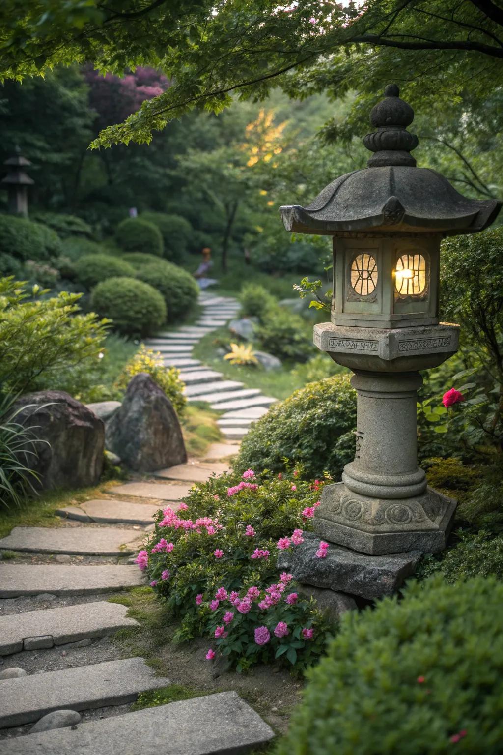 A traditional stone lantern surrounded by greenery in a Chinese garden.