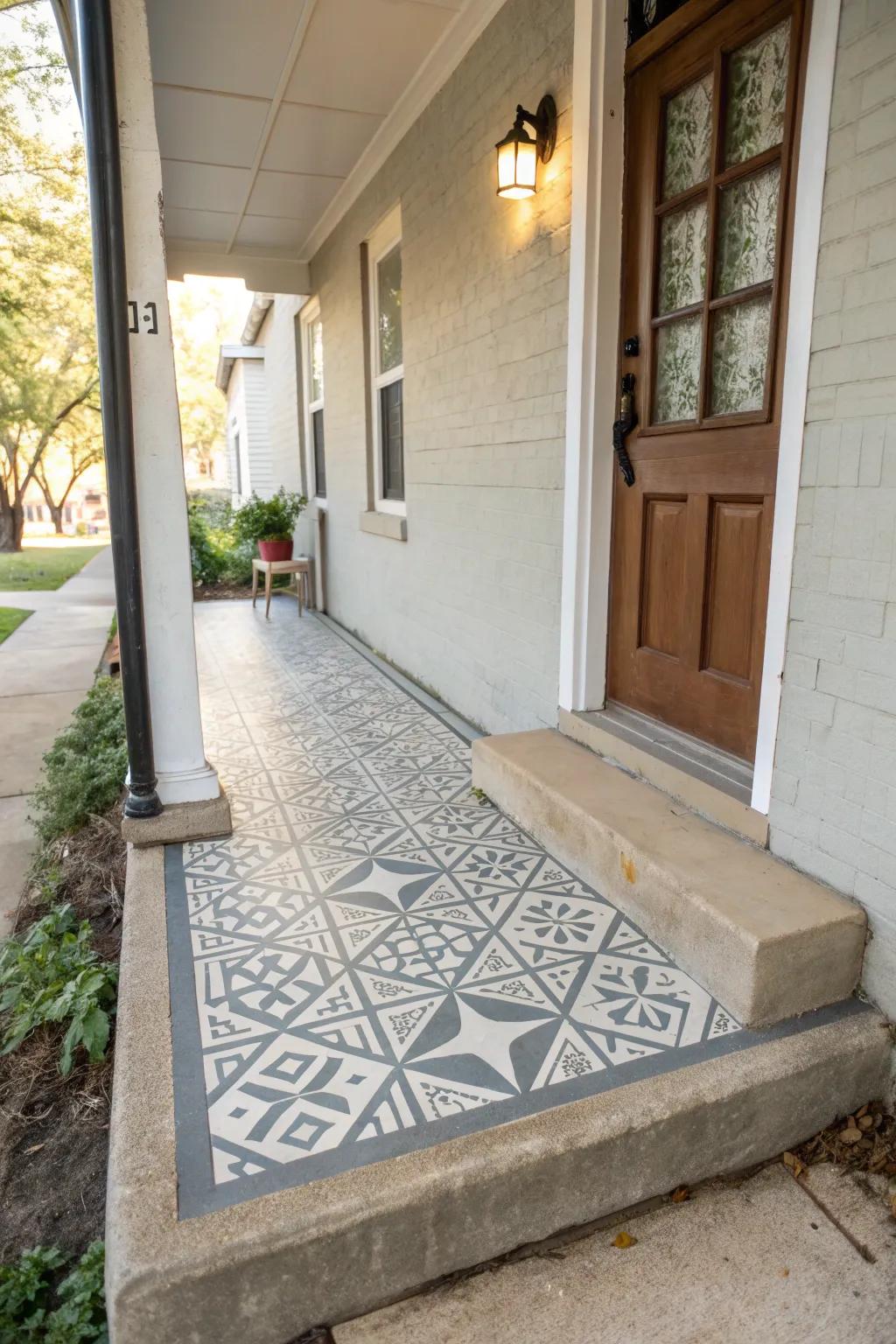 A small concrete porch with a stenciled geometric pattern on the floor.