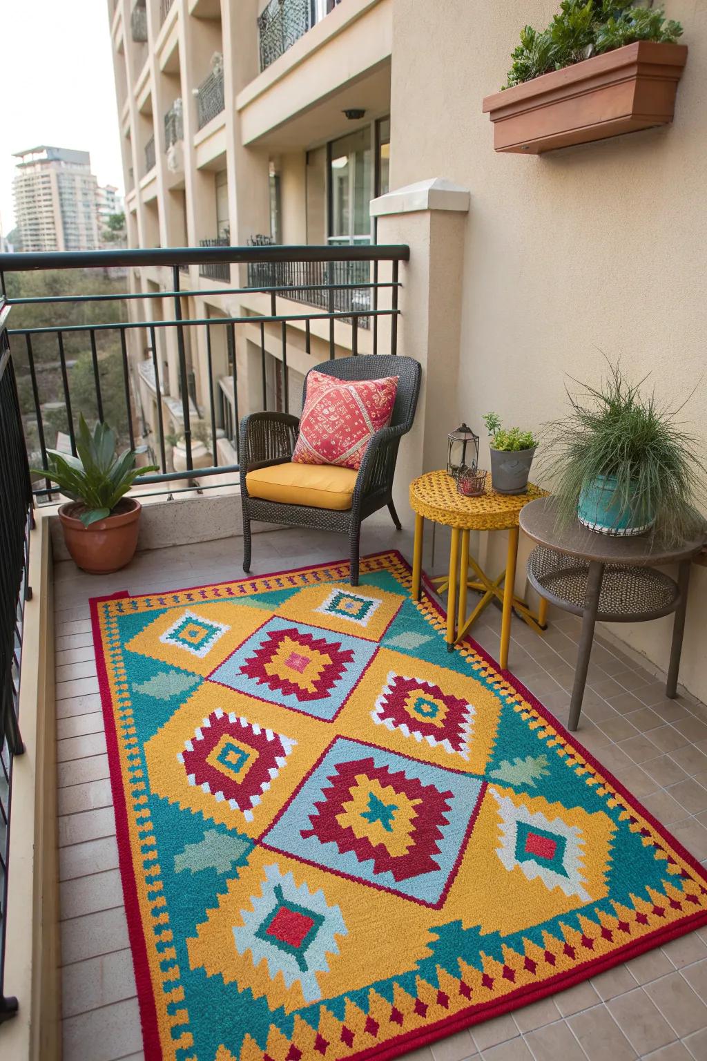 An outdoor rug can transform a patio with its color and texture.