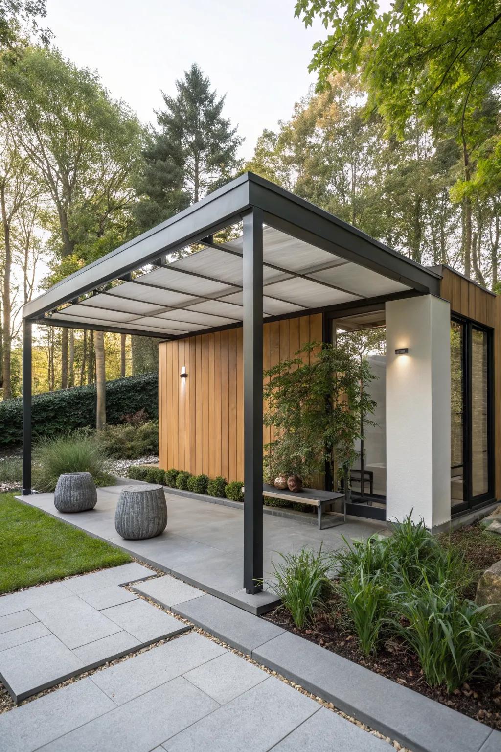 A modern pergola with sleek lines fits perfectly in contemporary gardens.