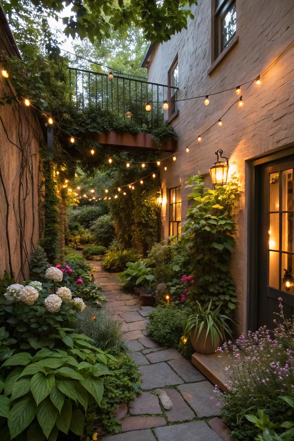 Outdoor lighting creates a magical evening atmosphere in a small courtyard.