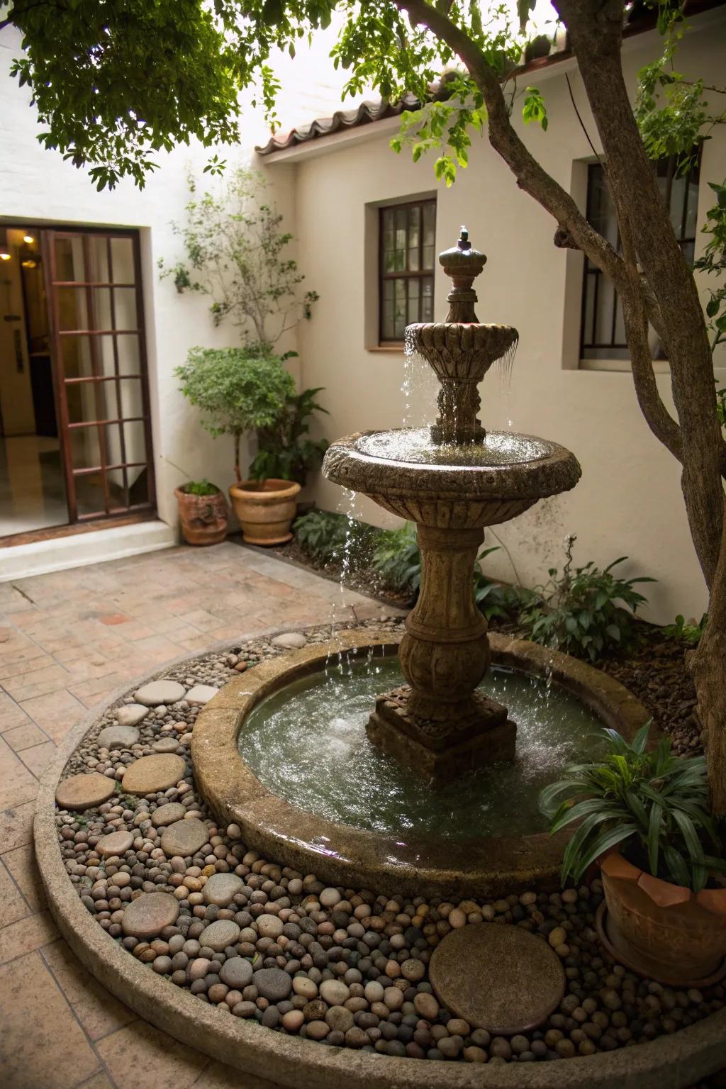 Decorative stones add texture to this small courtyard's fountain base.