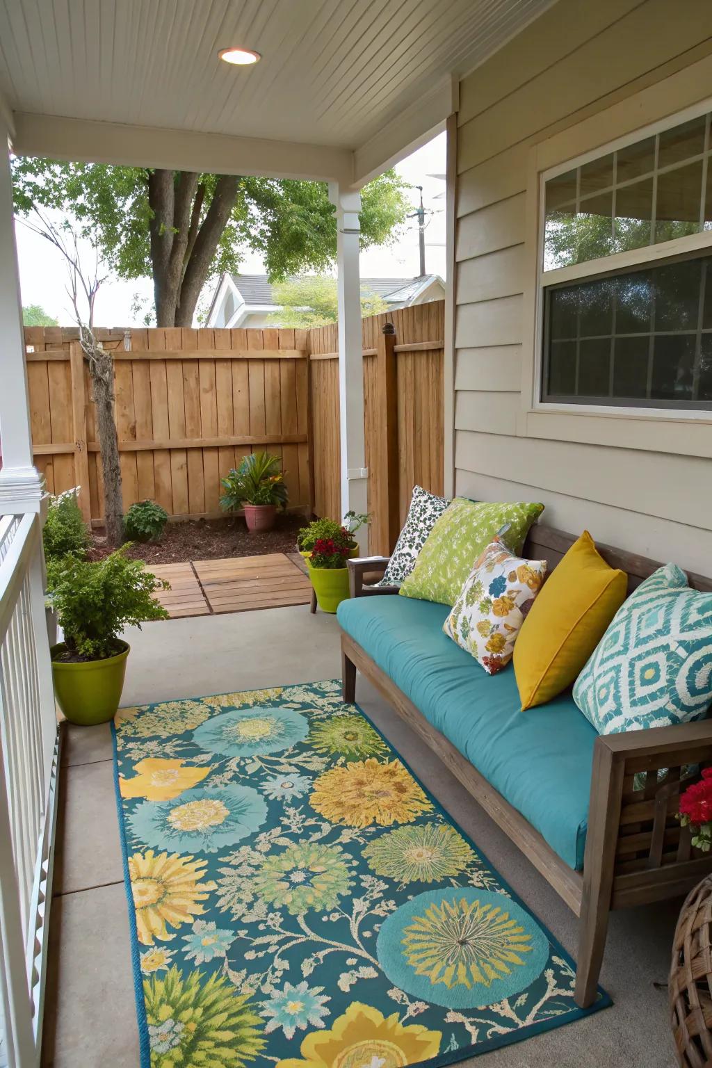 Brighten your porch with colorful pillows and a stylish rug.