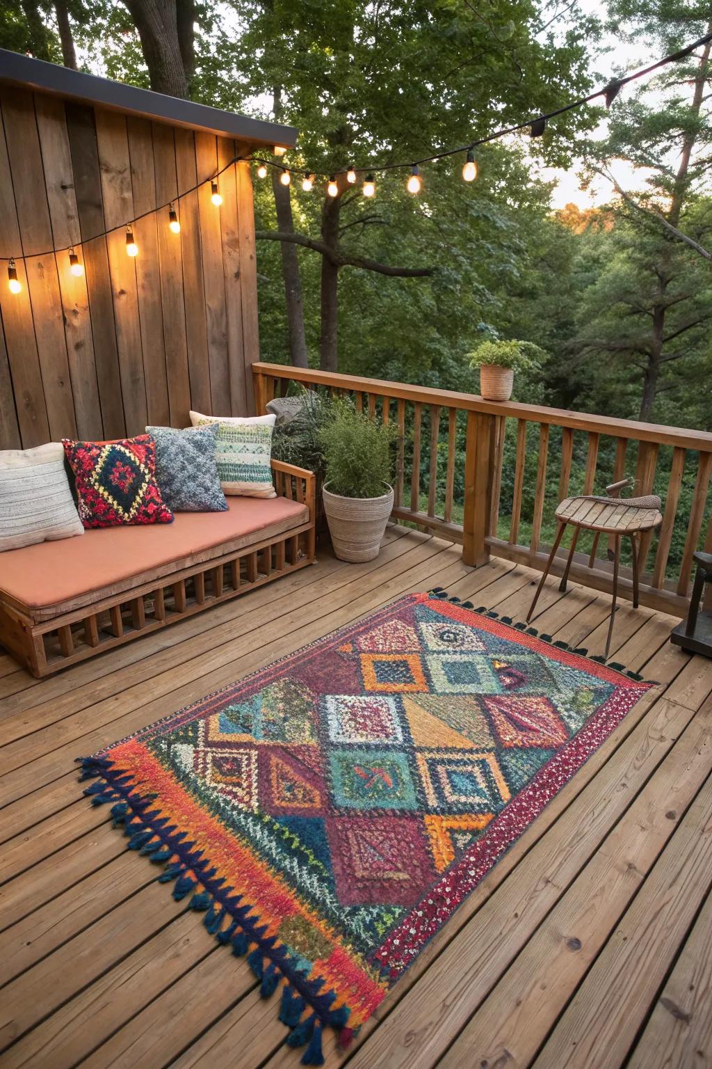 A DIY rug adds a splash of color and comfort to your deck.