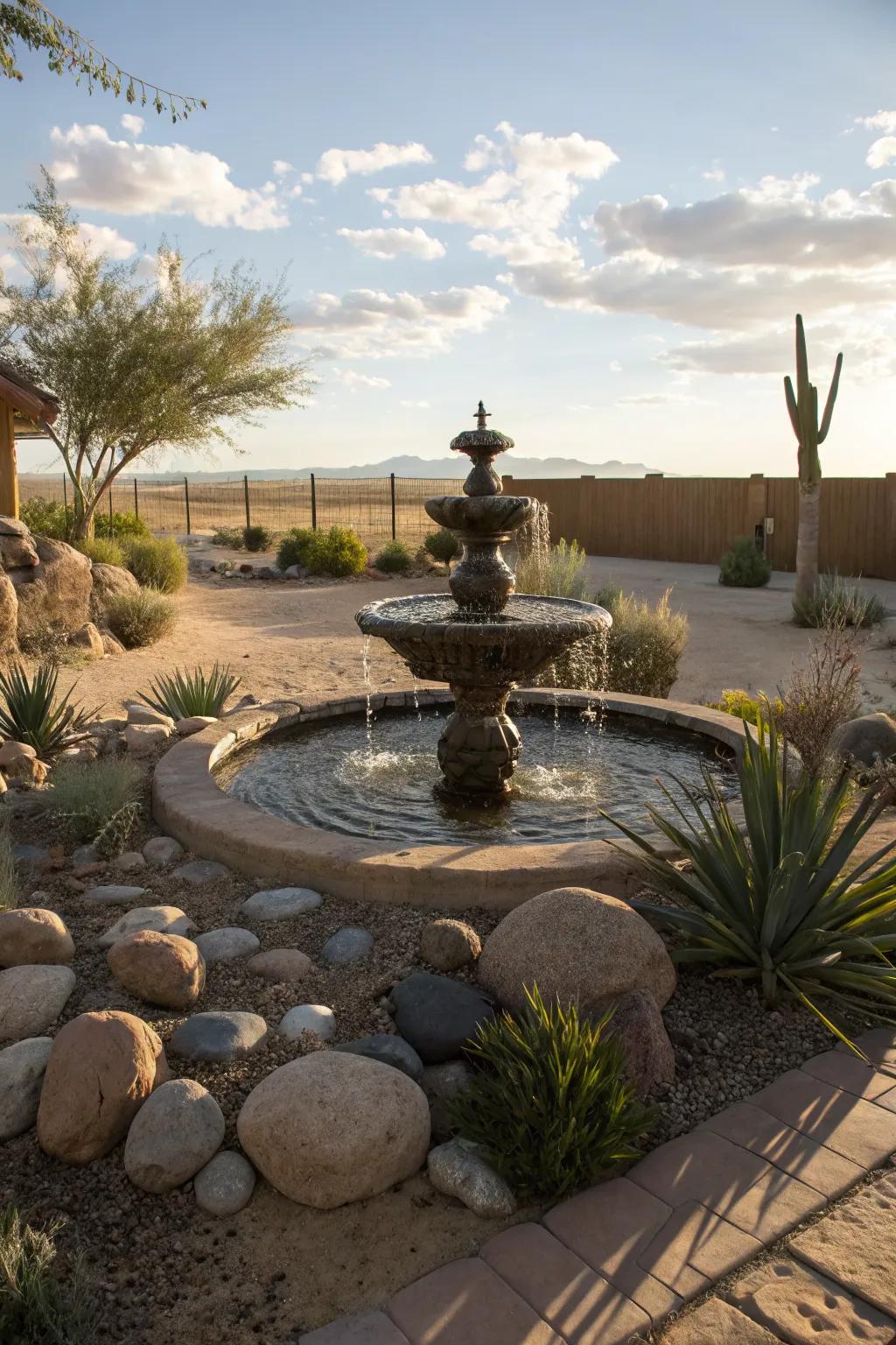 Fountains add a calming water element to a dry landscape.