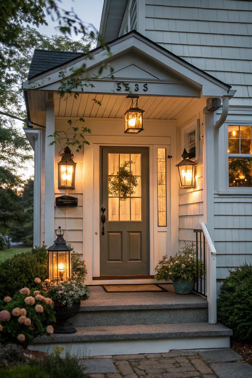 Charming porch lighting adds warmth to a small front door.