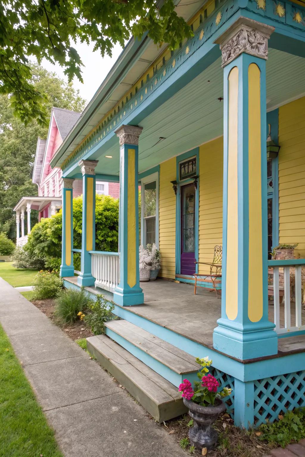 Brightly painted wood columns make this small porch pop with personality.
