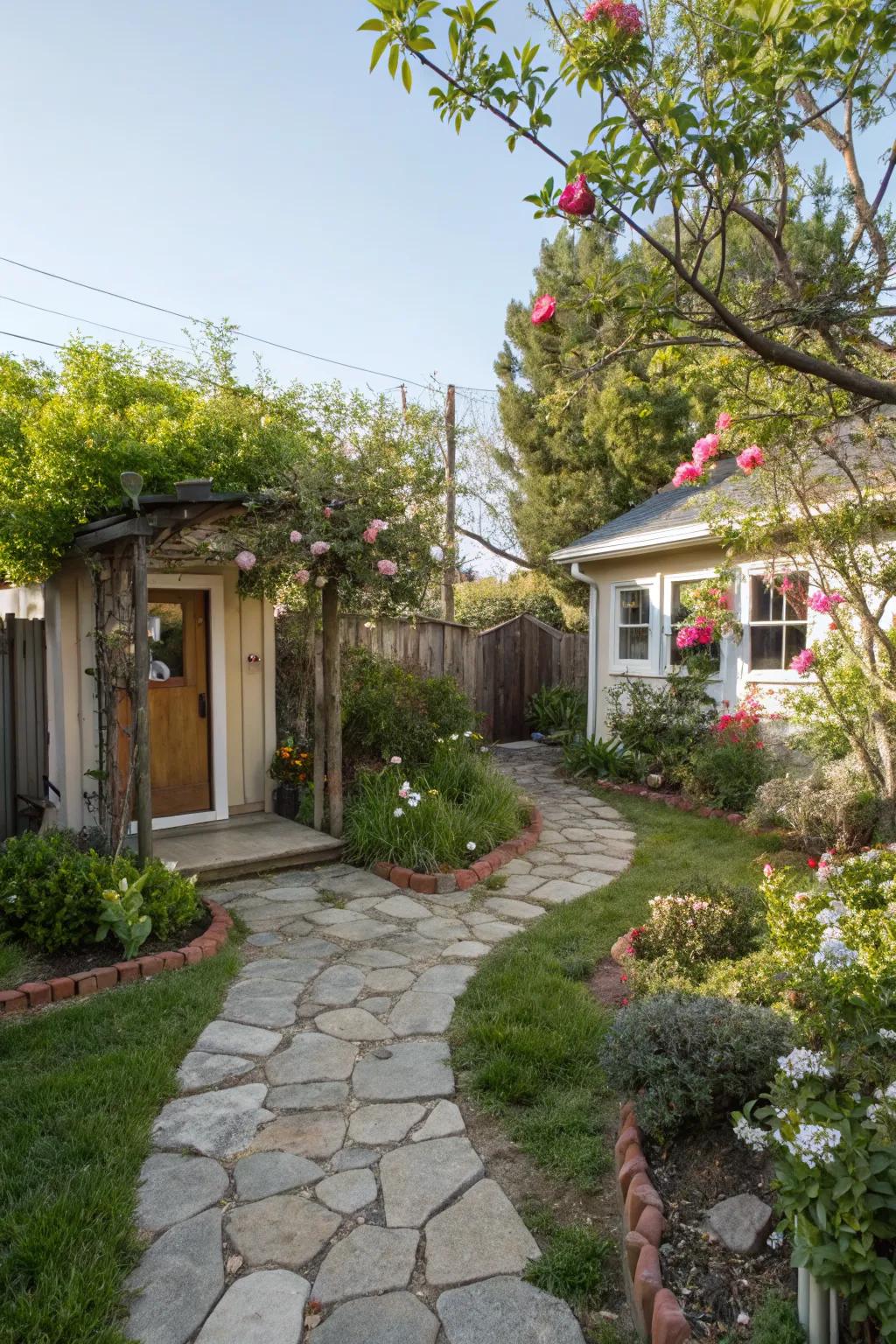 Stone pathways guide you through a magical garden journey.