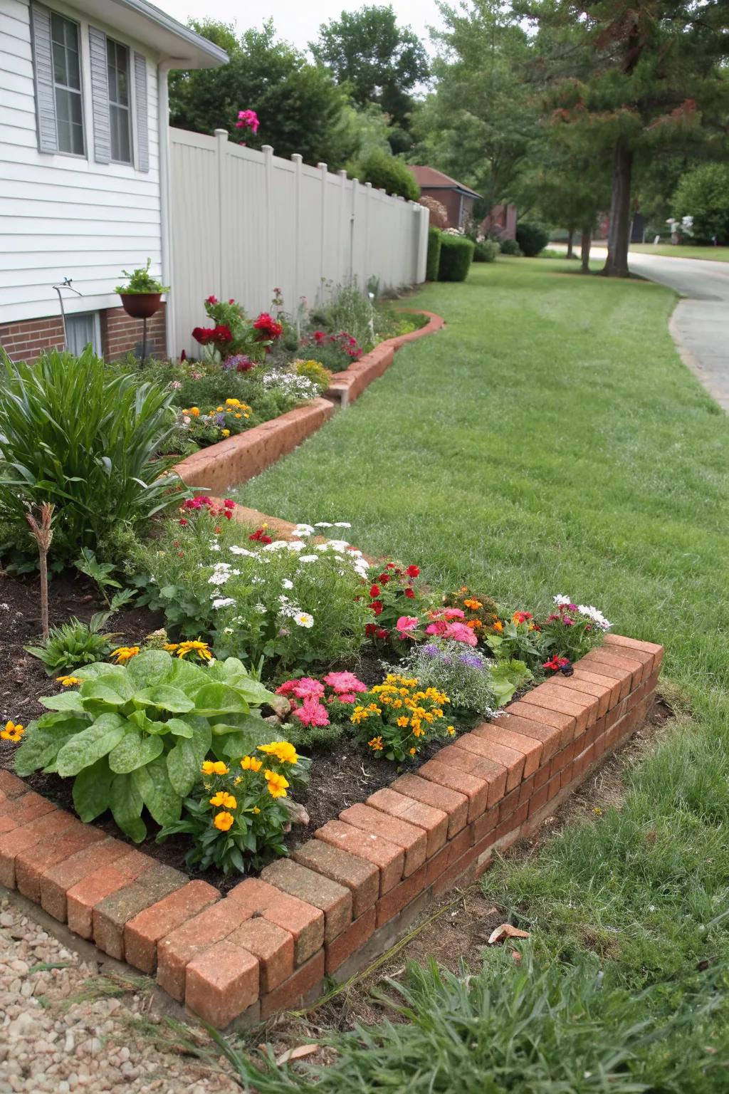 Brick borders give structure and definition to a small flower garden.